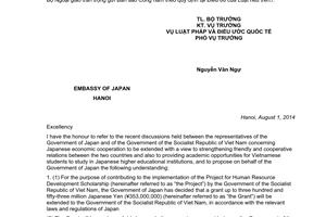Thông báo hiệu lực Công hàm trao đổi khoản viện trợ không hoàn lại trị giá 353 triệu Yên Việt Nam Nhật Bản