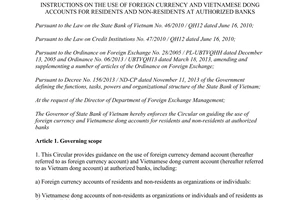 Circular No. 16/2014/TT-NHNN instructions on the use of foreign currency and Vietnamese dong accounts