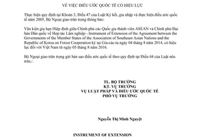 Thông báo hiệu lực Văn kiện gia hạn Hiệp định thành viên ASEAN Đại hàn Dân quốc Hợp tác Lâm nghiệp