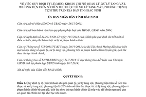 Quyết định 340/2014/QĐ-UBND mức khoán chi phí quản lý xử lý tang vật phương tiện bị tịch thu Bắc Ninh