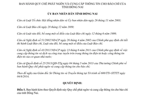 Quyết định 30/2014/QĐ-UBND Quy chế phát ngôn cung cấp thông tin báo chí Đồng Nai