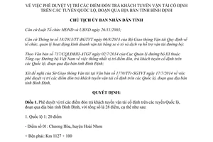 Quyết định 2539/QĐ-UBND 2014 vị trí các điểm đón trả khách tuyến vận tải cố định Quốc lộ Bình Định