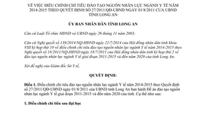 Quyết định 34/2014/QĐ-UBND điều chỉnh chỉ tiêu đào tạo nguồn nhân lực Y tế 2014 2015 Long An