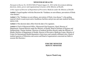 Decision No. 2914/QD-BYT 2014 on issuing guidance on surveillance, prevention of Ebola virus disease