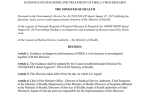 Decision No. 2968/QD-BYT dated 2014 guidance on diagnosis and treatment of Ebola virus diseases