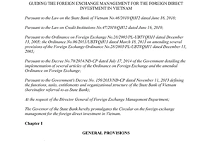 Circular No.19/2014/TT-NHNN the foreign exchange management for the foreign direct investment in VietNam
