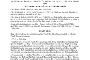 Quyết định 2516/QĐ-UBND năm 2014 đổi tên chức năng nhiệm vụ tổ chức Trung tâm dịch vụ việc làm Thanh Hóa