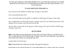 Quyết định 14/2014/QĐ-UBND Quy định cụ thể Luật Đất đai 2013 và 43/2014/NĐ-CP Sơn La