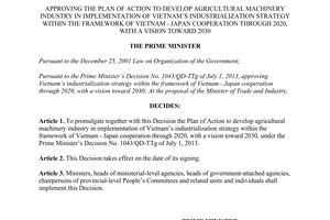 Decision No. 1342/QD-TTg dated 2014 approving the plan to develop agricultural machinery industry 2020 2030