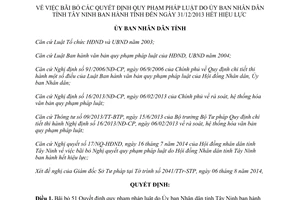 Quyết định 1829/QĐ-UBND 2014 bãi bỏ quy phạm pháp luật Tây Ninh đến 31/12/2013 hết hiệu lực