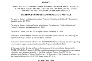 Decision No. 1766/2014/QD-UBND compensation support relocation upon land expropriation Quang Ninh