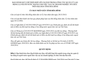 Quyết định 18/2014/QĐ-UBND phối hợp quản lý lao động nước ngoài doanh nghiệp tổ chức Hòa Bình