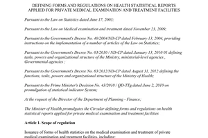 Circular No. 29/2014/TT-BYT defining forms and regulations on health statistical reports