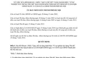 Quyết định 33/2014/QĐ-UBND sửa đổi xét tặng danh hiệu Vì sự nghiệp xây dựng Thủ đô 22/2010/QĐ-UBND Hà Nội