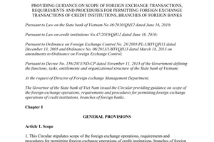 Circular No. 21/2014/TT-NHNN guidance on scope of foreign exchange transactions of credit institutions