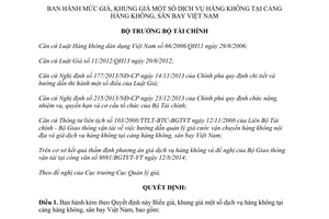 Quyết định 1992/QĐ-BTC 2014 mức giá khung giá dịch vụ tại cảng hàng không sân bay Việt Nam