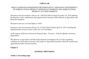 Circular No. 24/2014/TT-BNNPTNT regulations on conditions for food safety assurance