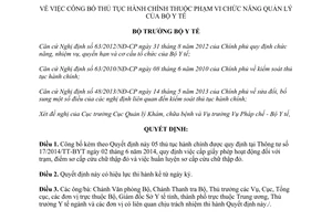 Quyết định 3106/QĐ-BYT 2014 công bố thủ tục hành chính thuộc phạm vi chức năng quản lý Bộ Y tế