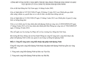 Thông tư 35/2014/TT-BGTVT công bố vùng nước cảng biển thuộc địa phận tỉnh Quảng Ninh