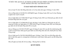 Quyết định 32/2014/QĐ-UBND thu quản lý lệ phí cấp giấy phép lao động người nước ngoài làm việc Hà Nam