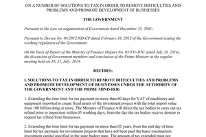 Resolution No. 63/NQ-CP dated 2014 solutions to tax remove difficulties promote development of businesses