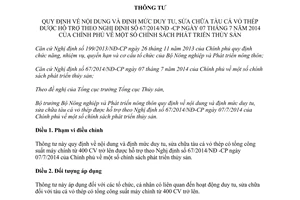 Thông tư 27/2014/TT-BNNPTNT định mức duy tu sửa chữa tàu cá vỏ thép được hỗ trợ theo 67/2014/NĐ-CP