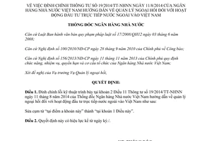 Quyết định 1712/QĐ-NHNN năm 2014 đính chính 19/2014/TT-NHNN quản lý ngoại hối đầu tư trực tiếp Việt Nam