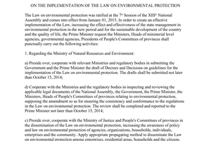 Directive No. 26/CT-TTg 2014 the implementation of The Law on environmental protection