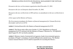 Decree No. 82/2014/ND-CP promulgating statute on financial management for Vietnam electricity