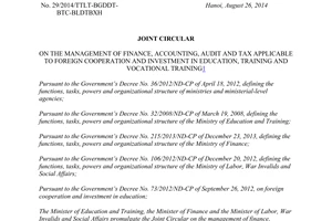 Joint circular No. 29/2014/TTLT-BGDDT-BTC-BLDTBXH on the management of finance accounting audit tax