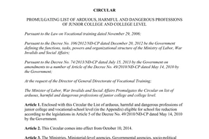 Circular No. 20/2014/TT-BLDTBXH list of arduous harmful and dangerous professions of junior college