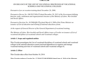 Circular No. 21/2014/TT-BLDTBXH on issuance disciplines of vocational schools vocational colleges