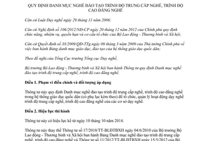 Thông tư 21/2014/TT-BLĐTBXH Danh mục nghề đào tạo trung cấp cao đẳng nghề