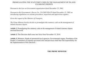 Decision No. 47/2014/QD-TTg promulgating the statutory code on the management of inland clearance depots