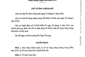 Quyết định 1535/QĐ-TTg năm 2014 Danh sách cơ sở sử dụng năng lượng trọng điểm năm 2013