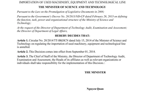 Decision No.2279/QĐ-BKHCN dated 2014 invalidating 20/2014/TT-BKHCN importation of used machinery equipment