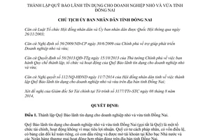 Quyết định 2670/QĐ-UBND năm 2014 thành lập Quỹ Bảo lãnh tín dụng doanh nghiệp nhỏ vừa Đồng Nai