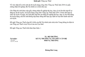 Công văn 11231/BTC-TCCB 2014 thu hồ sơ thí sinh có giấy chứng nhận tốt nghiệp