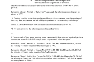 Official Dispatch No. 11613/BTC-TCT dated 2014 about VAT on cotton products