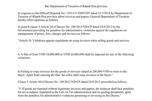 Official Dispatch No. 3512/TCT-CS dated 2014 invoices and papers