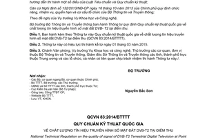 Thông tư 11/2014/TT-BTTTT ban hành Quy chuẩn kỹ thuật tín hiệu truyền hình số mặt đất DVB-T2 QCVN 83:2014/BTTTT