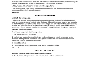 Circular No. 24/2014/TT-NHNN instructions on certain contents pertaining to the deposit insurance
