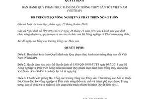 Quyết định 3824/QĐ-BNN-TCTS 2014 Quy phạm thực hành nuôi trồng thủy sản tốt Việt Nam VietGAP