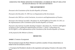 Resolution No. 67/NQ-CP 2014 assigning The Prime Minister to perform a number of treaty-related duties