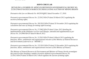 Joint circular No. 54/2014/TTLT-BTNMT-BTC detailing No. 22/2012/ND-CP regulating auction of mining rights