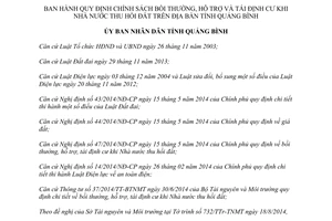 Quyết định 22/2014/QĐ-UBND chính sách bồi thường hỗ trợ tái định cư khi Nhà nước thu hồi đất Quảng Bình