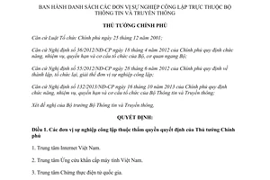 Quyết định 1593/QĐ-TTg 2014 danh sách đơn vị sự nghiệp công lập thuộc Bộ Thông tin Truyền thông