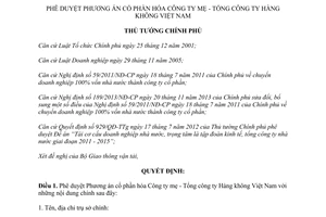 Quyết định 1611/QĐ-TTg 2014 Phương án cổ phần hóa Công ty mẹ Tổng công ty Hàng không Việt Nam