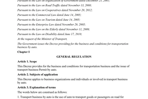 Decree No. 86/2014/ND-CP on business and conditions for transportation business by auto