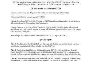 Quyết định 29/2014/QĐ-UBND giá tính thuế tài nguyên lâm khoáng sản nước thiên nhiên Phú Yên